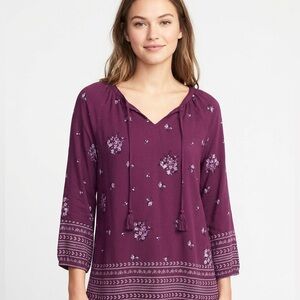 Sonoma NWOT Plum Floral Split Tie-Neck Top Long Sleeve Cottony Stretchty